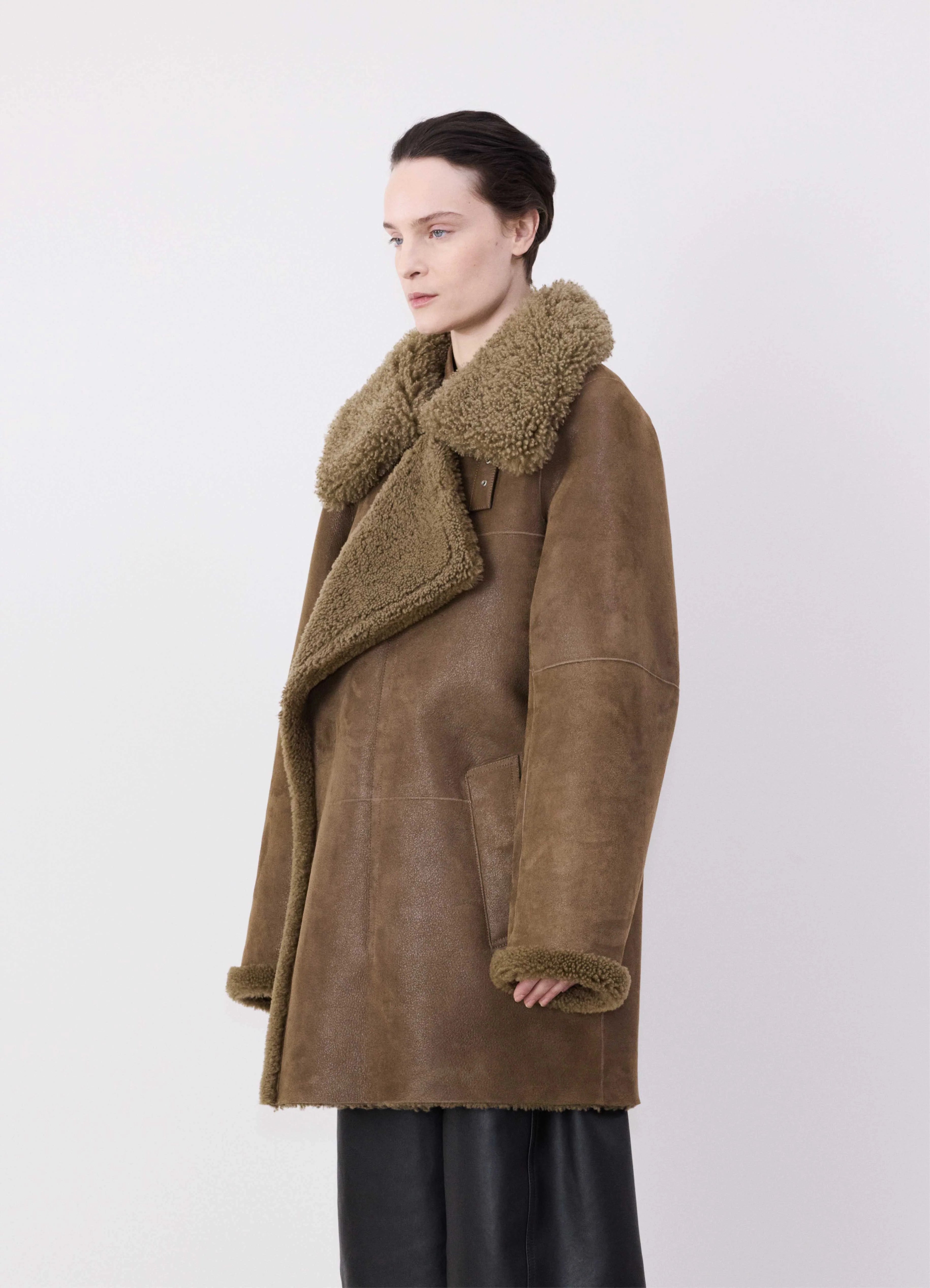 Bronze khaki asymmetrical shearling coat