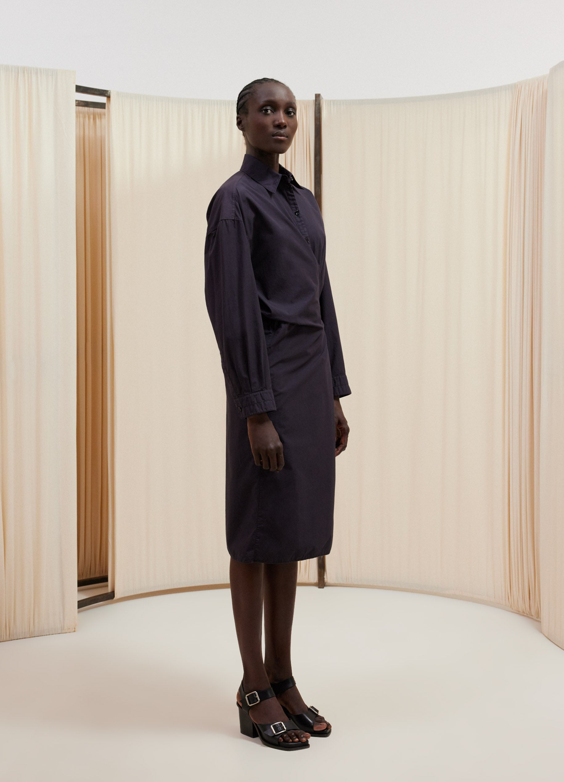 Dark Navy Straight Collar Twisted Dress in Light Garment Dyed Cotton |  LEMAIRE