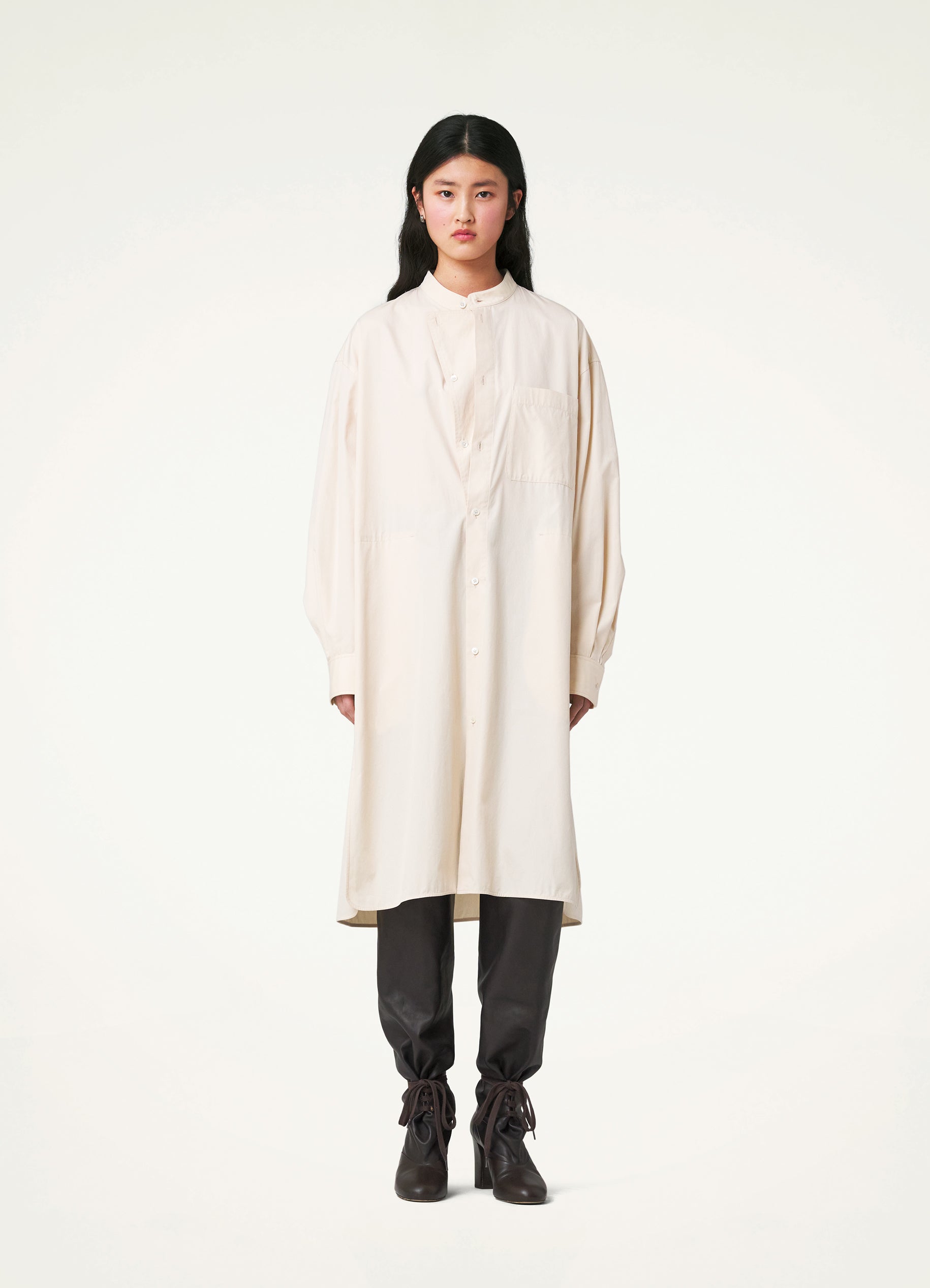 Light Cream Officer Collar Shirt Dress in Heavy Cotton Poplin | LEMAIRE