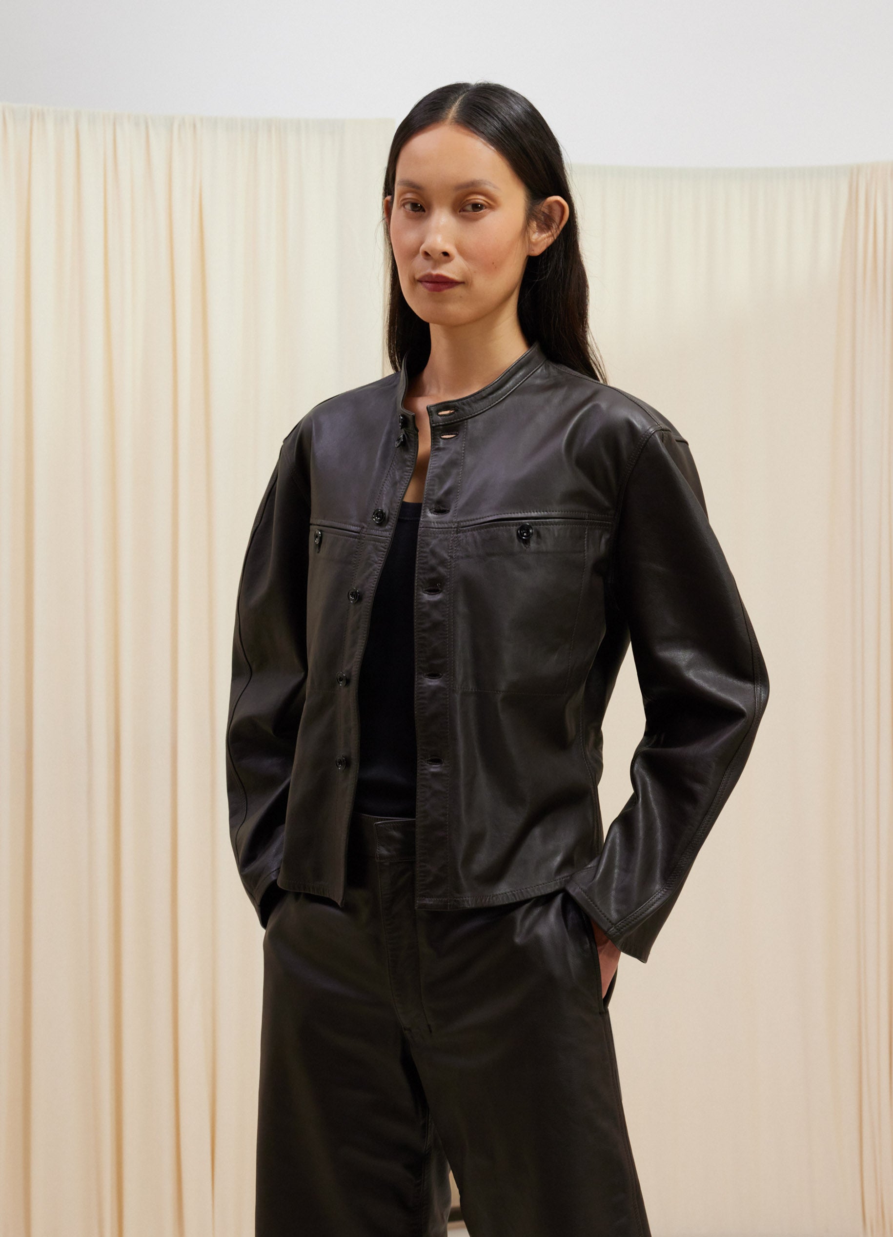 Dark Brown Curved Sleeve Jacket in Soft Nappa Cow Leather | LEMAIRE