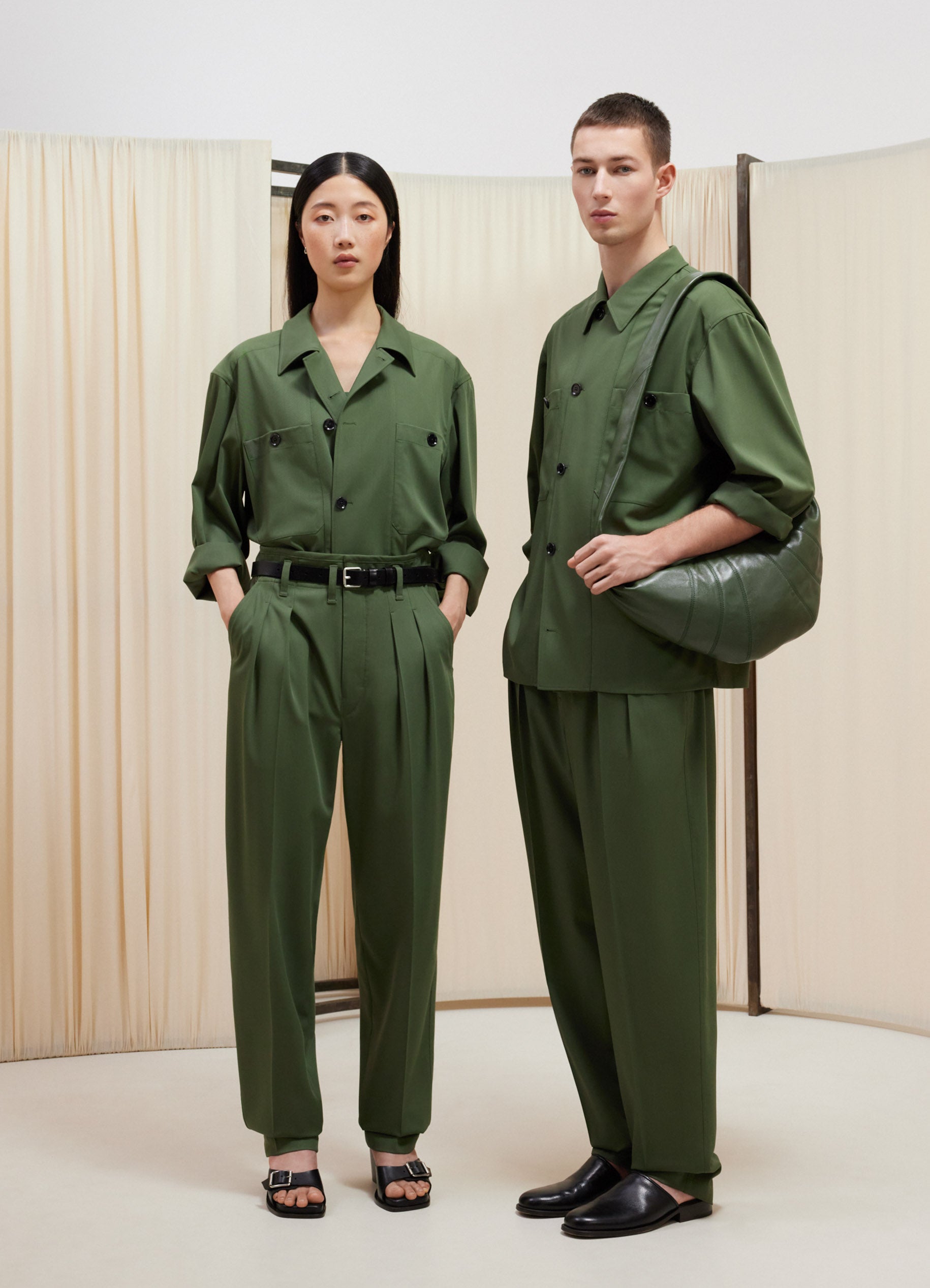 High Pleated Tailored Pants in Smoky Green | LEMAIRE