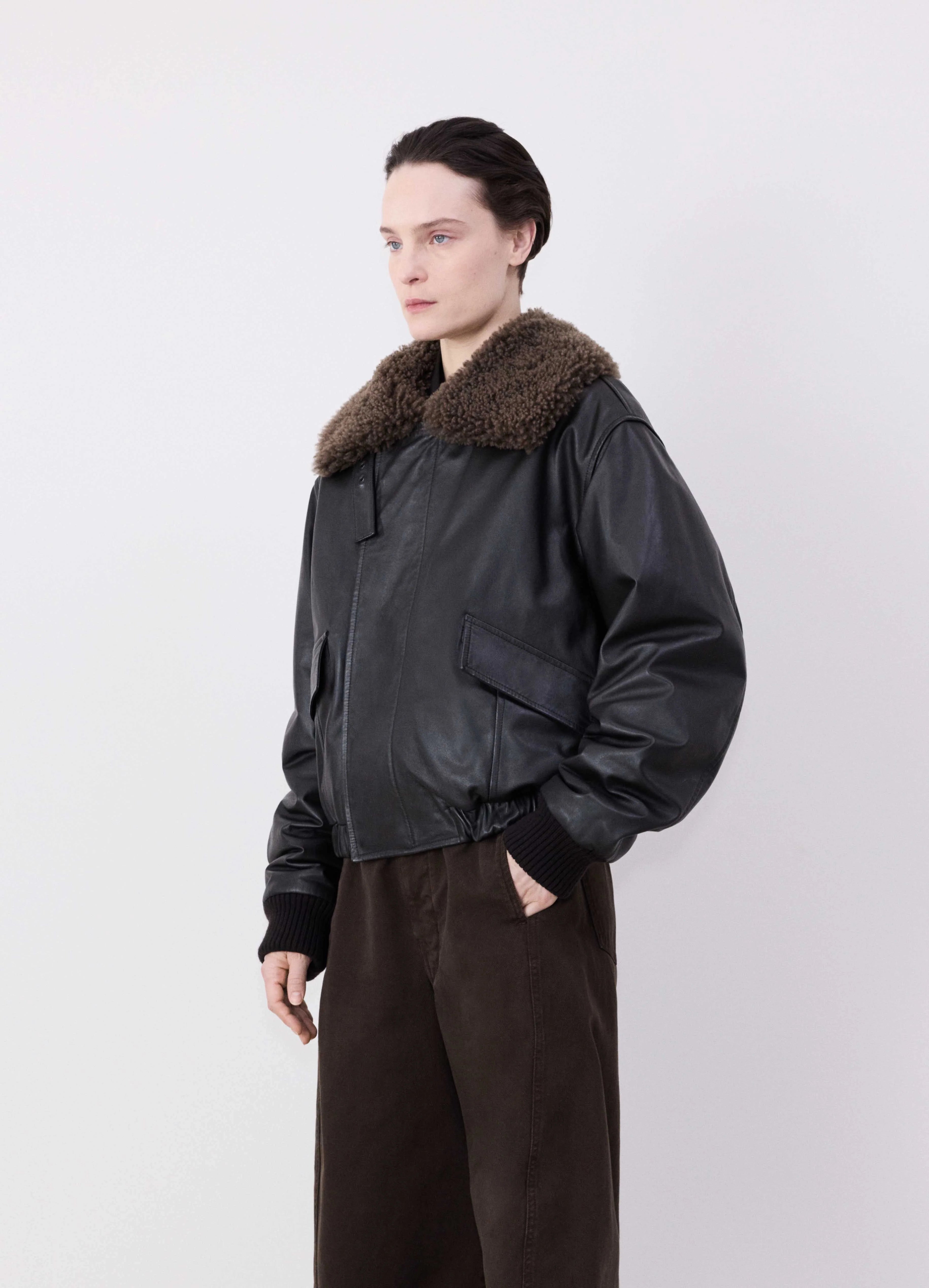 Dark Espresso Leather Blouson With Shearling Collar | LEMAIRE