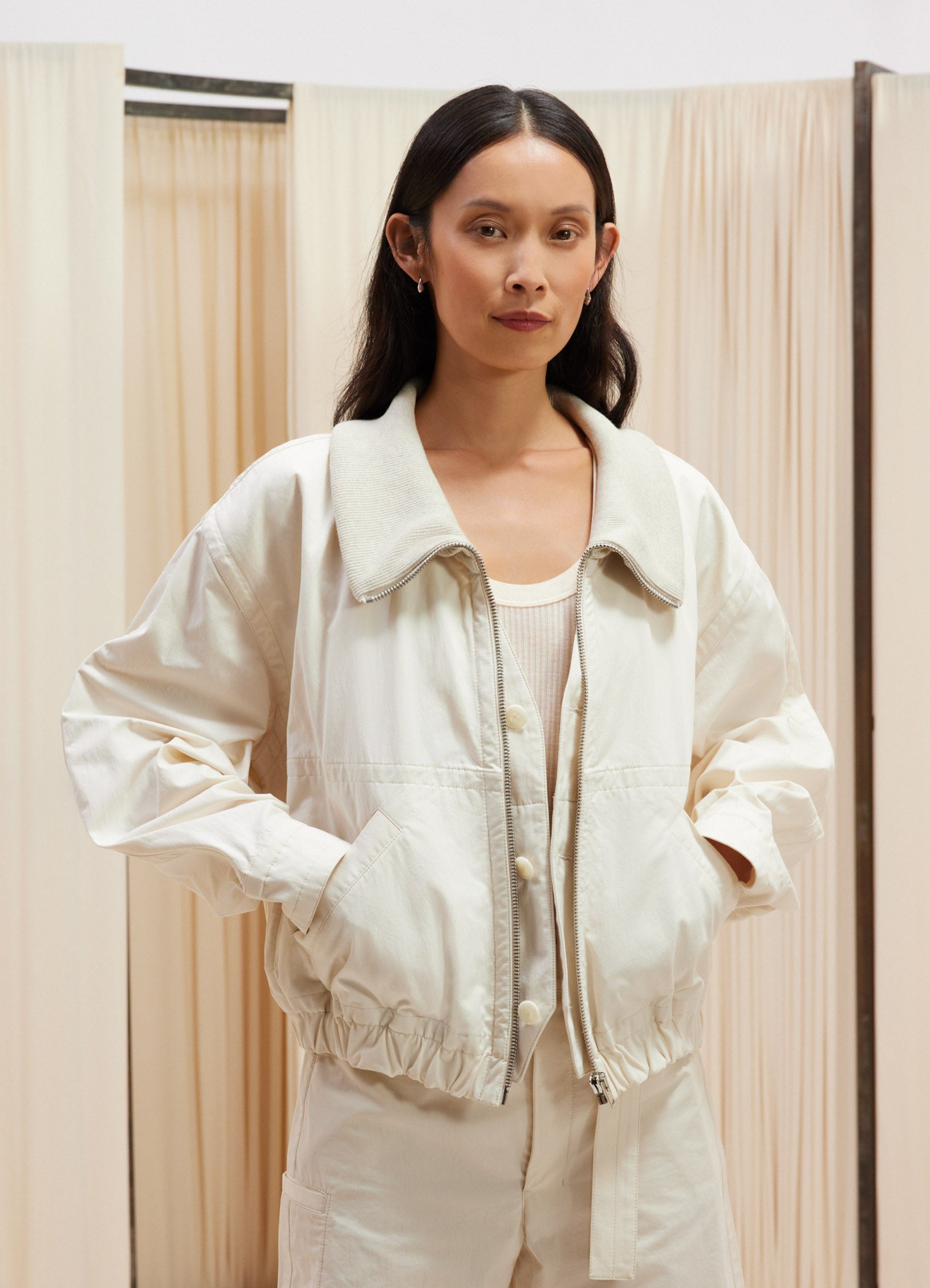 PALE ECRU Double layer blouson with rib