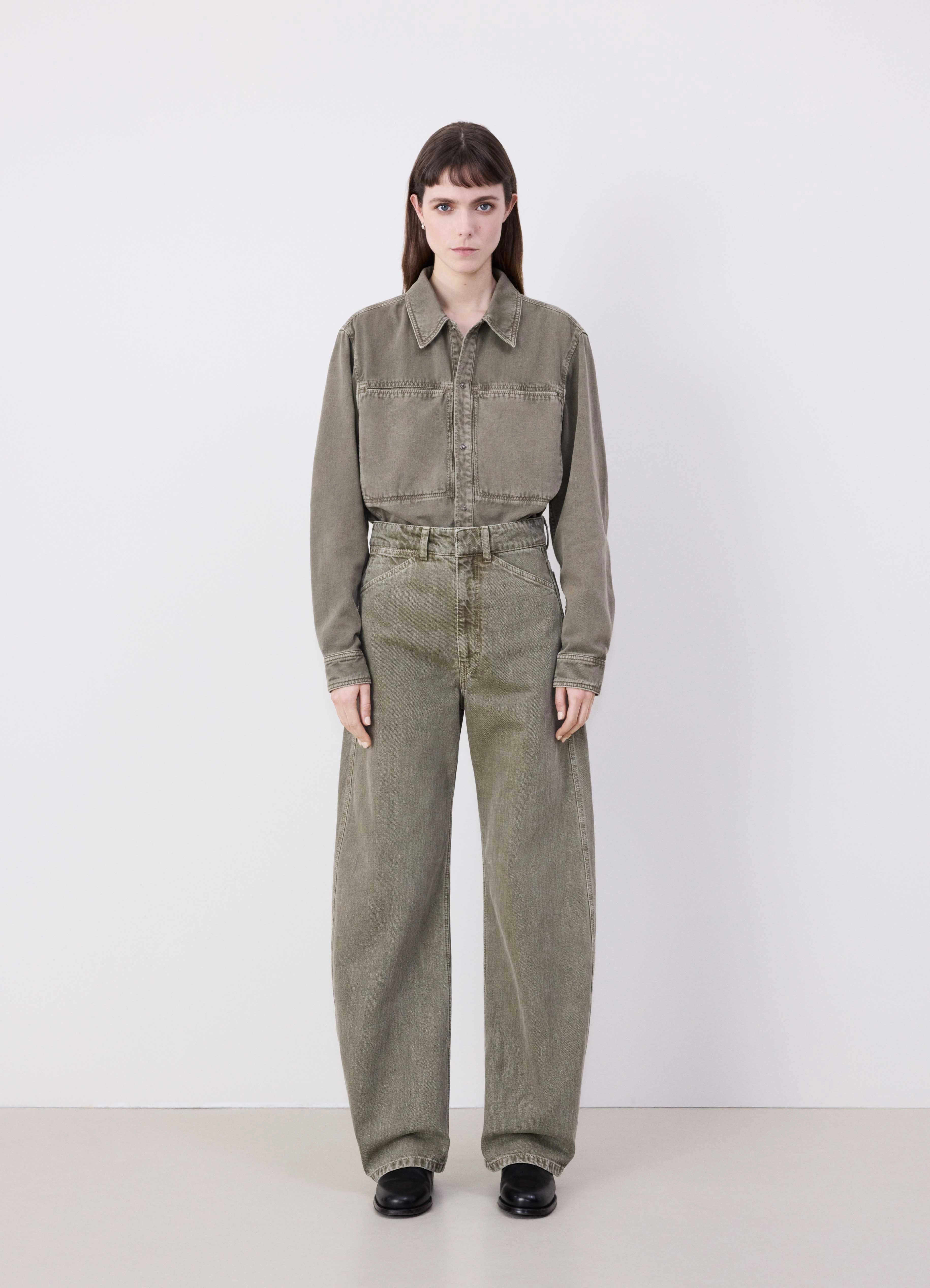 Denim snow olive high waisted curved pants