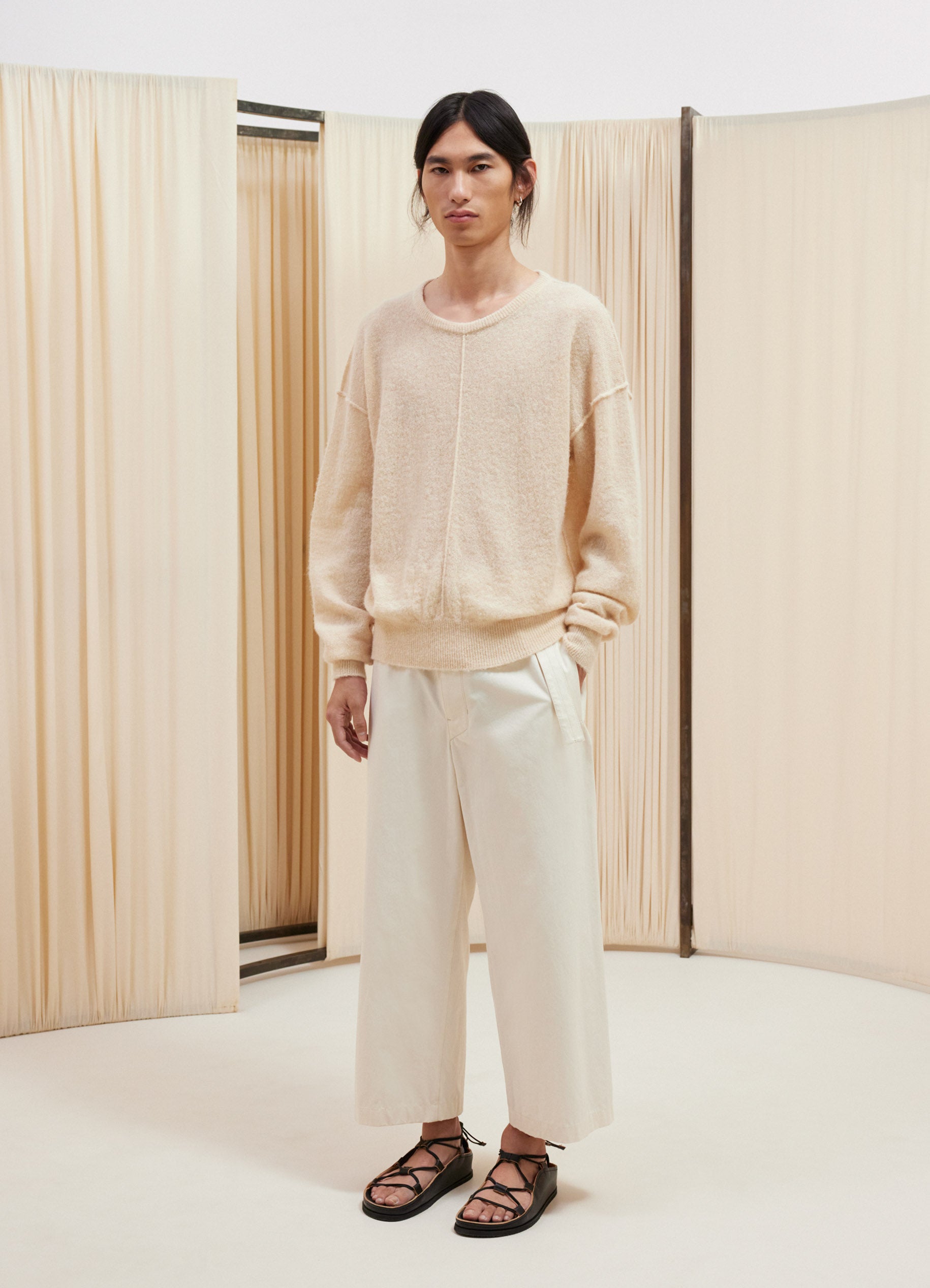 Pale Ecru Seamless Belted Pants in Washed Cotton Bachette