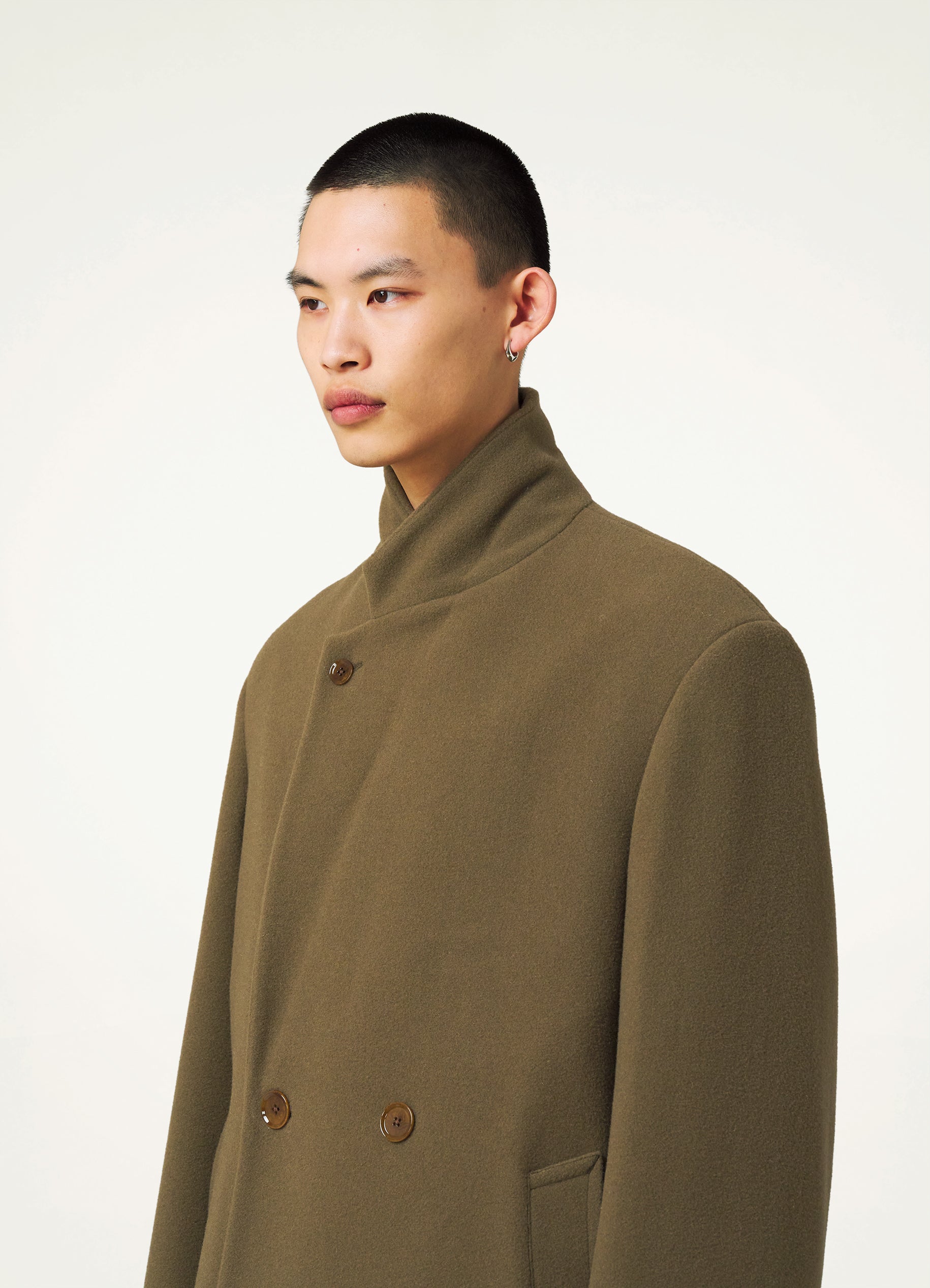 Capers Khaki Maxi Double Breasted Coat in Merino Wool | LEMAIRE