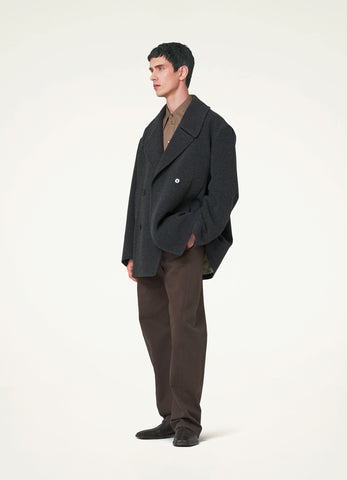 Penguin Grey Maxi Pea Coat in Melange Merino Wool | LEMAIRE