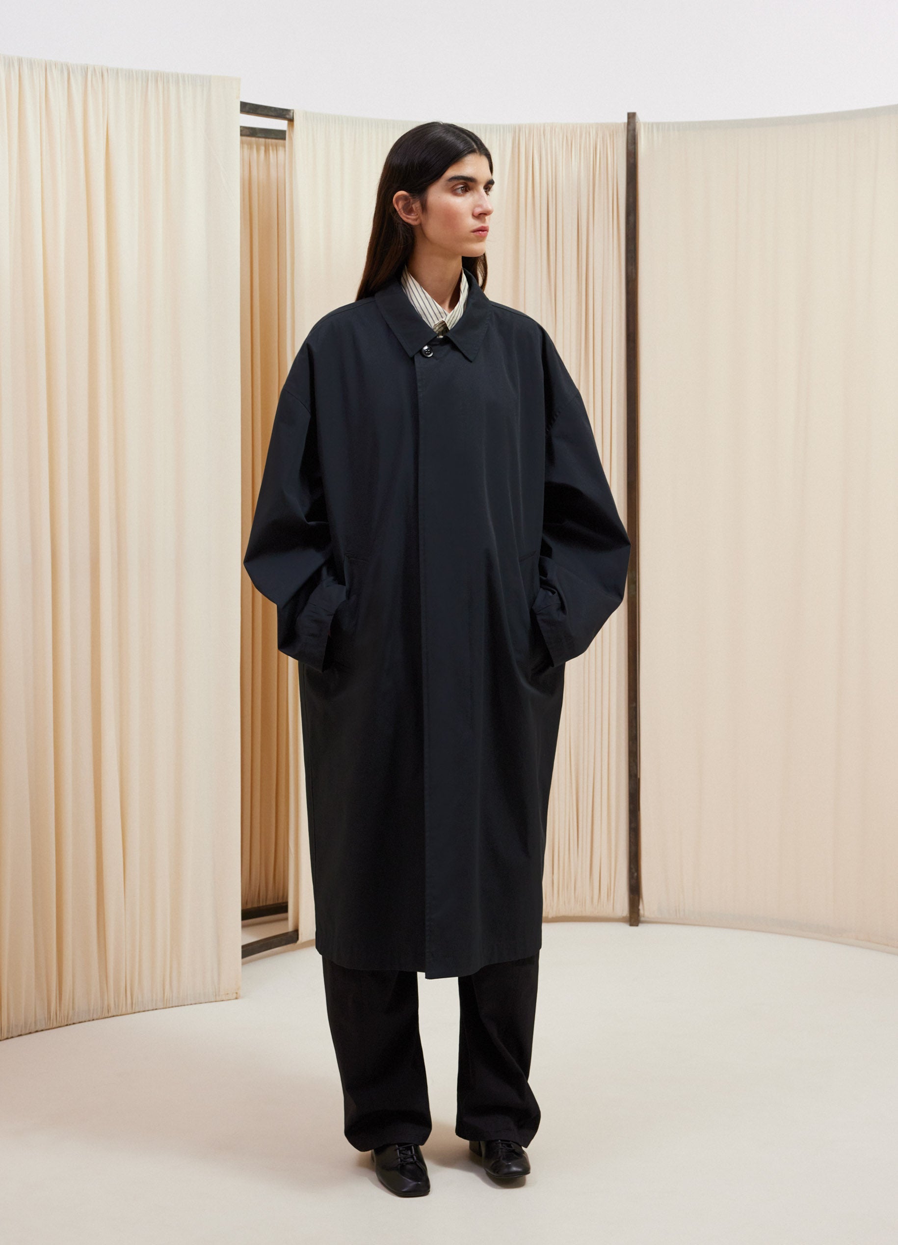 Jet Black Over Coat in Wr Cotton Twill | LEMAIRE