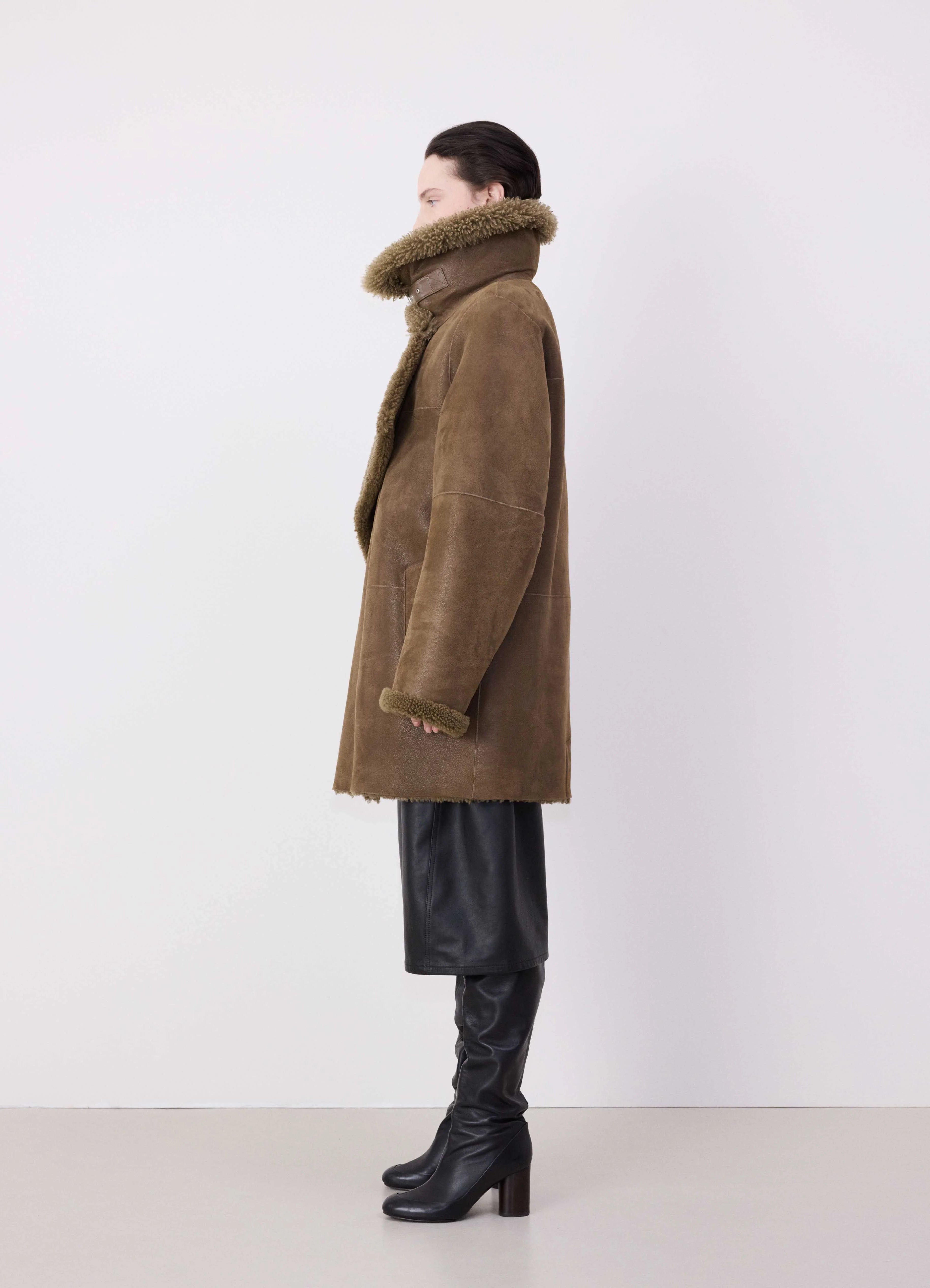 Bronze khaki asymmetrical shearling coat