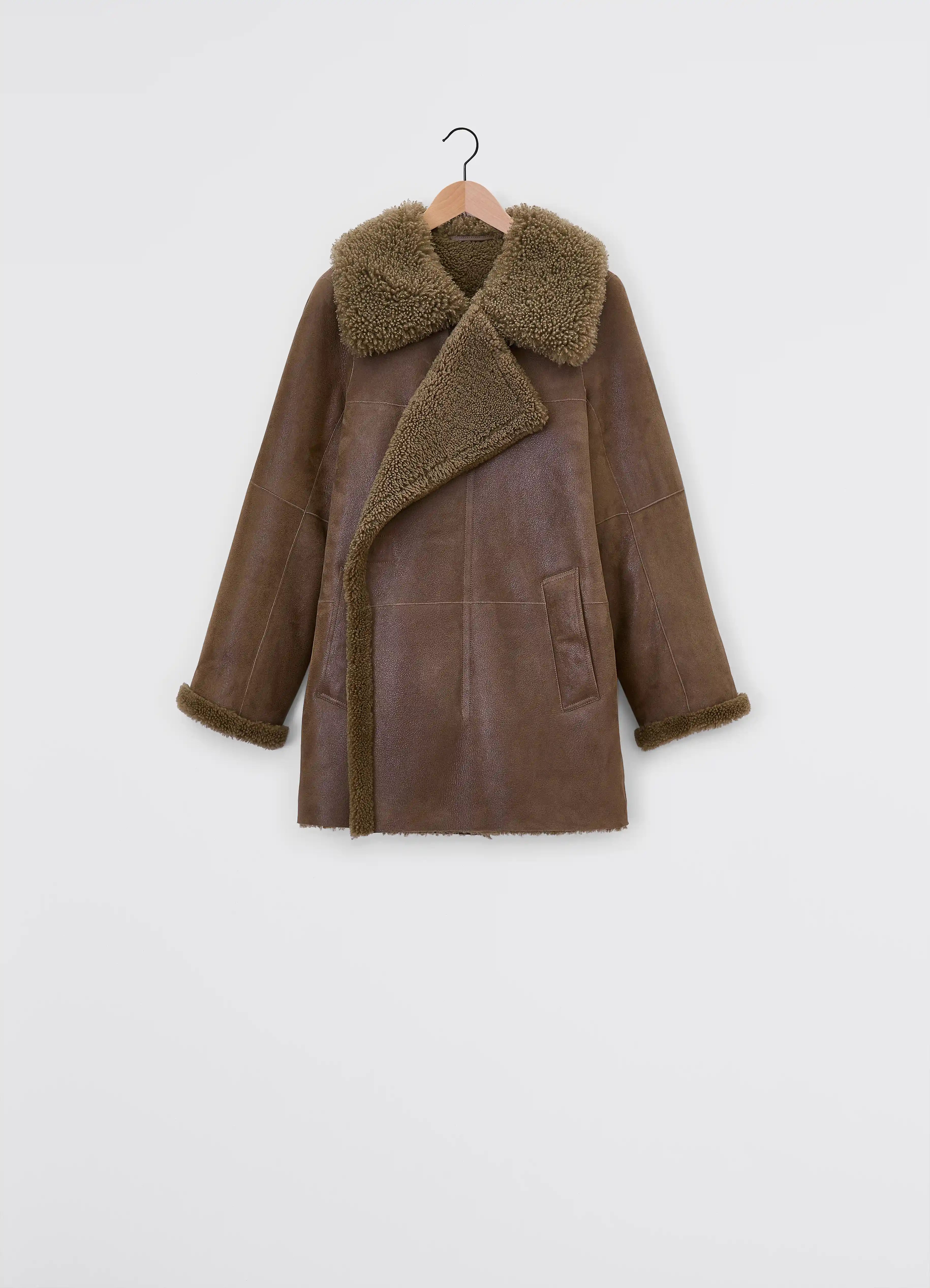 Bronze khaki asymmetrical shearling coat