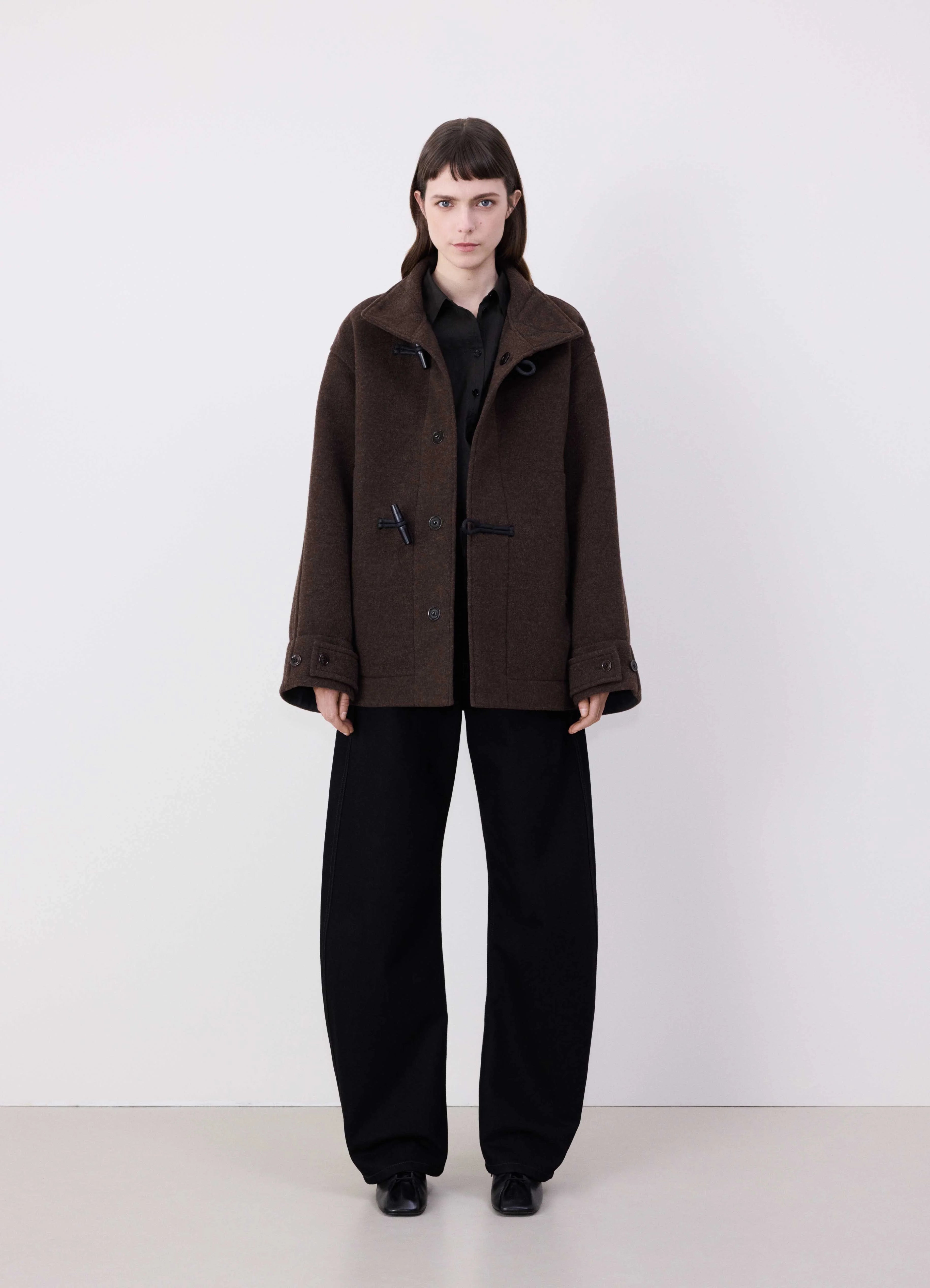 BROWN CHINE Short bathrobe duffle coat with contrast stitch