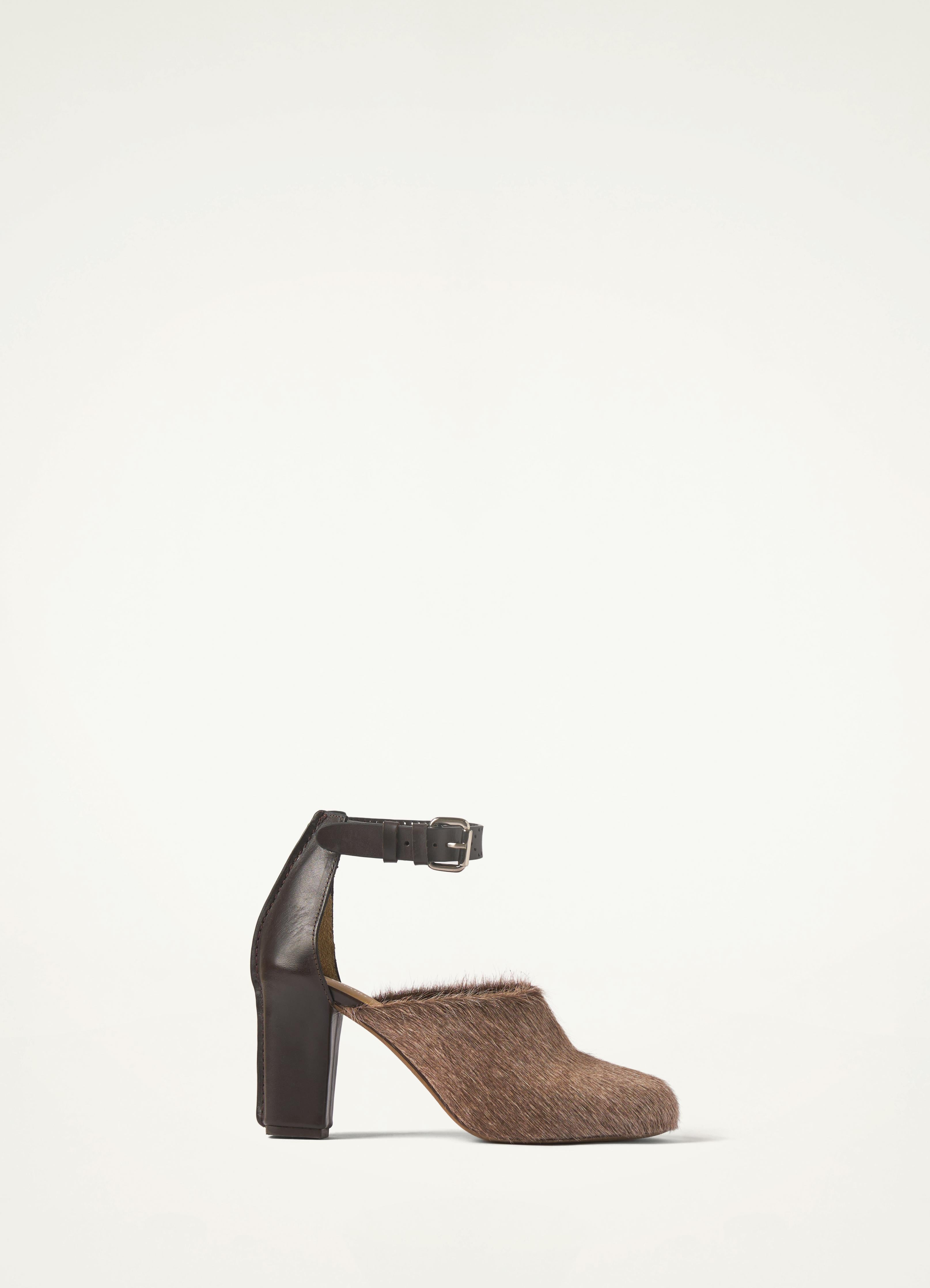 Beige Grey Round Toe Open Pump 80 in Horsy Hair Leather | LEMAIRE