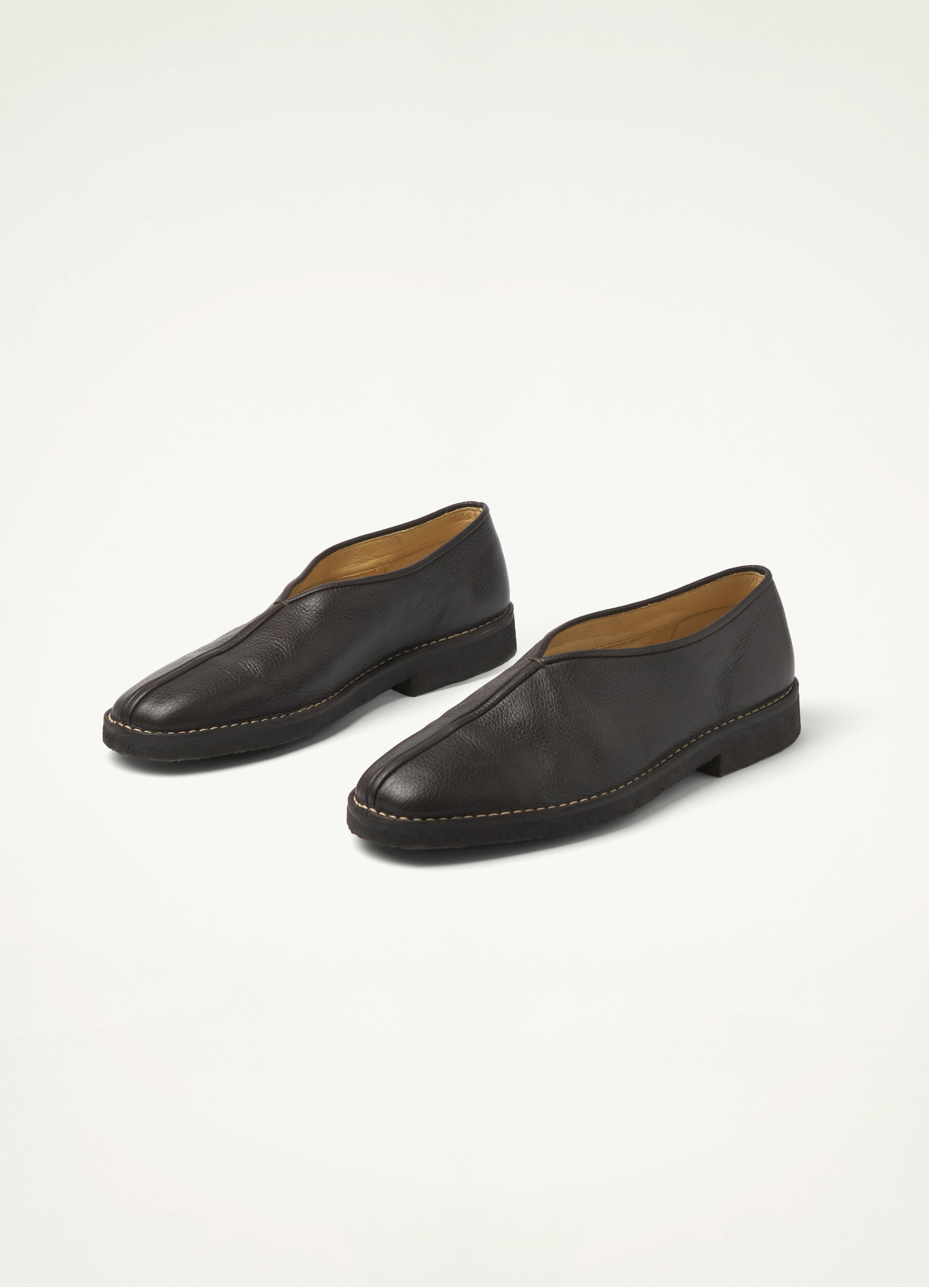 Dark Brown Piped Crepe Slippers Men in Grained Cow Leather | LEMAIRE