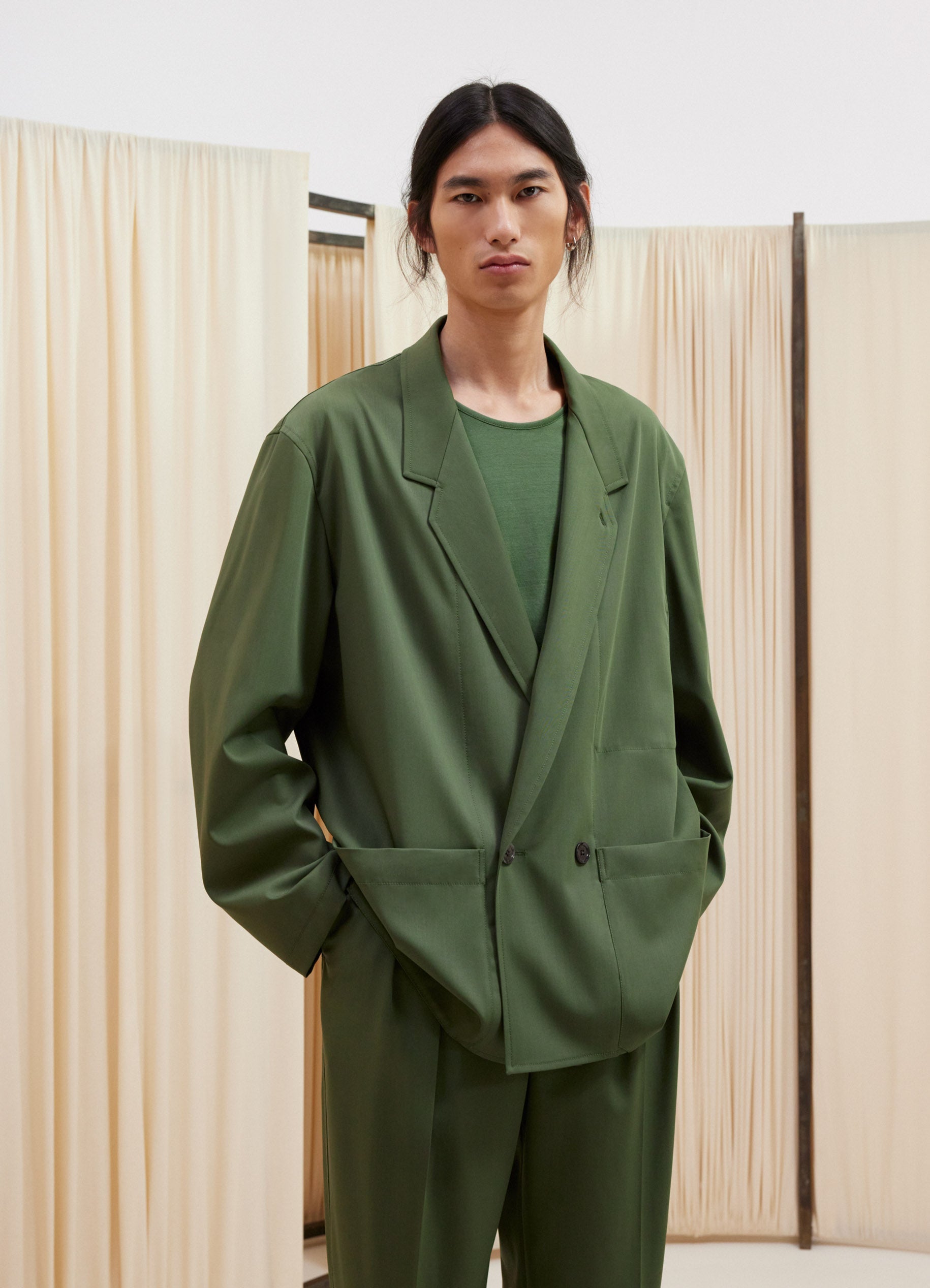 Double-Breasted Workwear Jacket in Smoky Green | LEMAIRE