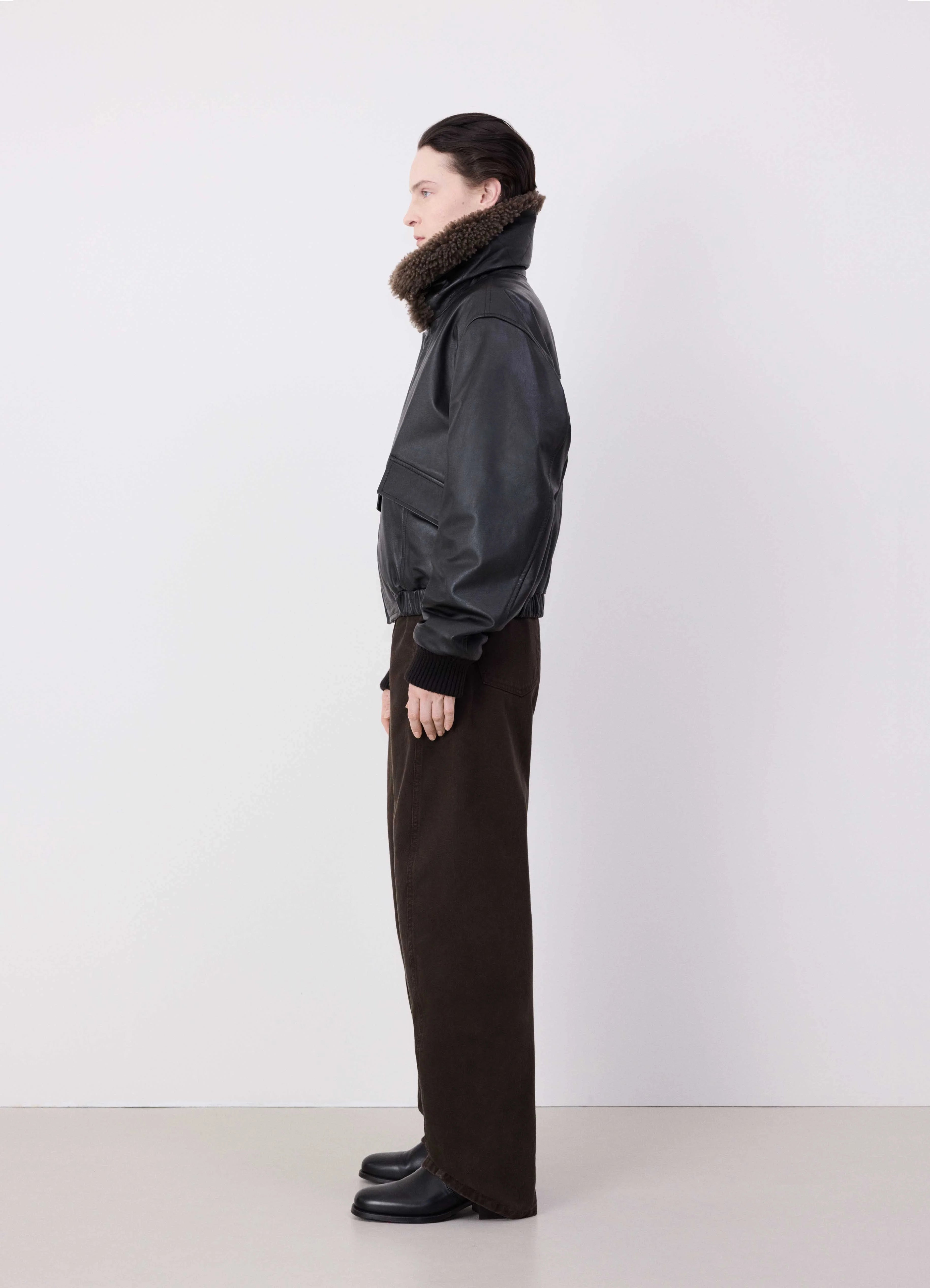 Dark Espresso Leather Blouson With Shearling Collar | LEMAIRE