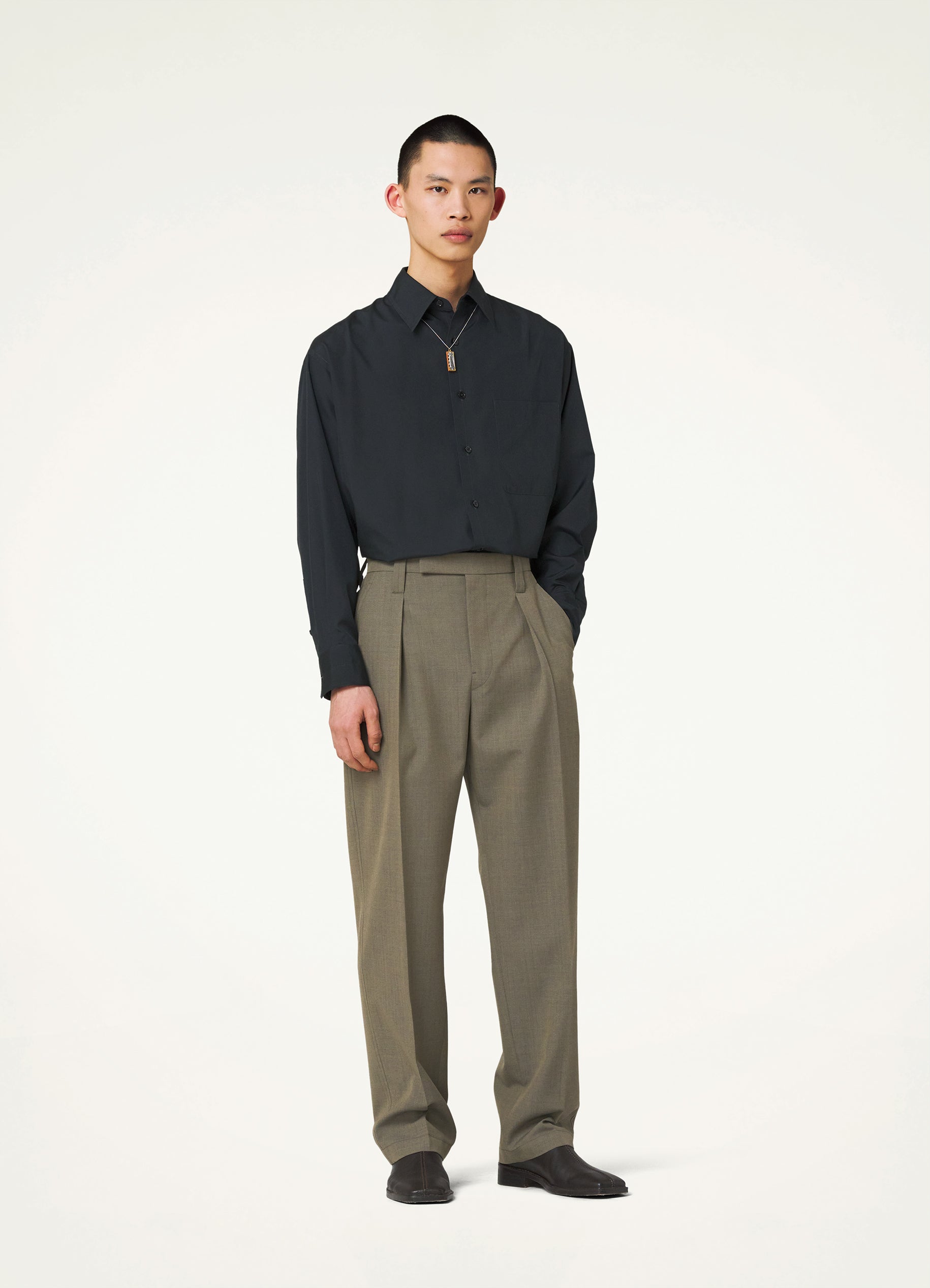 Beige Grey One Pleat Pants in Tropical Poly Wool | LEMAIRE