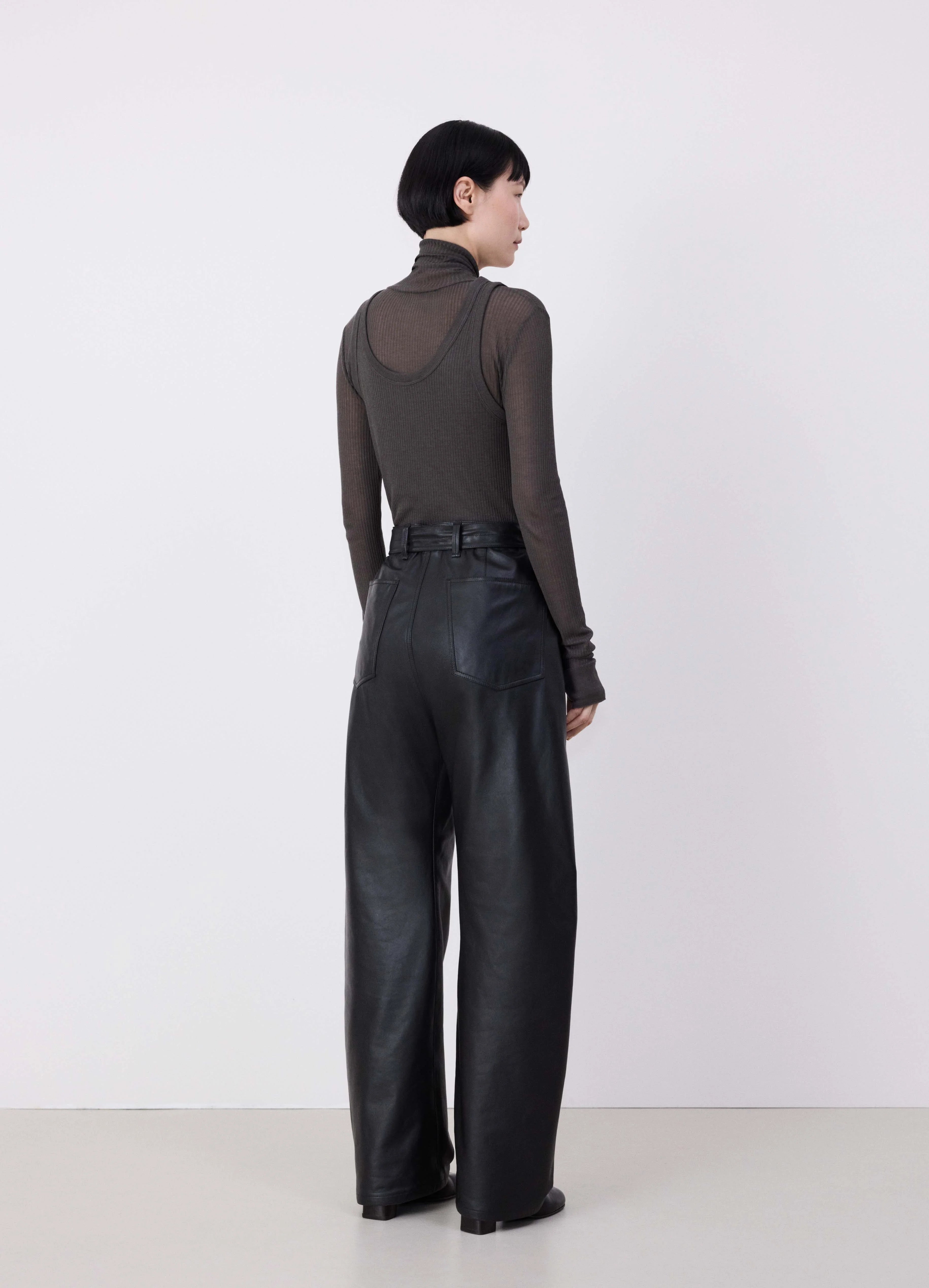 DARK ESPRESSO Leather belted twisted pants