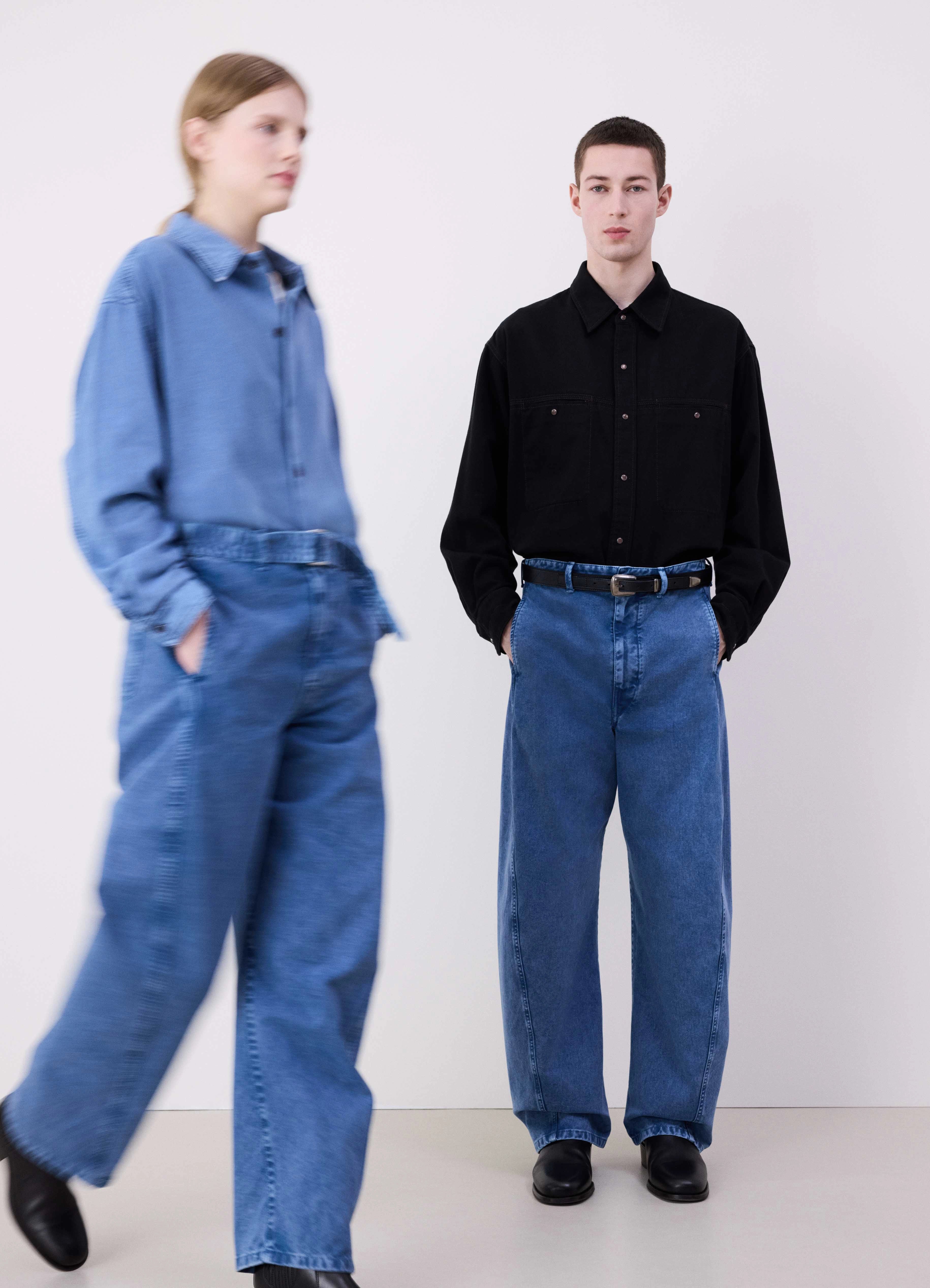 DENIM SNOW BLUE Twisted belted pants | LEMAIRE