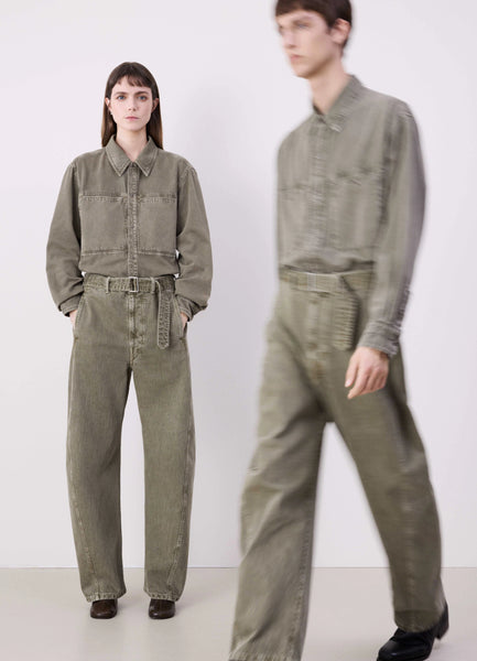 Denim Snow Olive Twisted Belted Pants | LEMAIRE