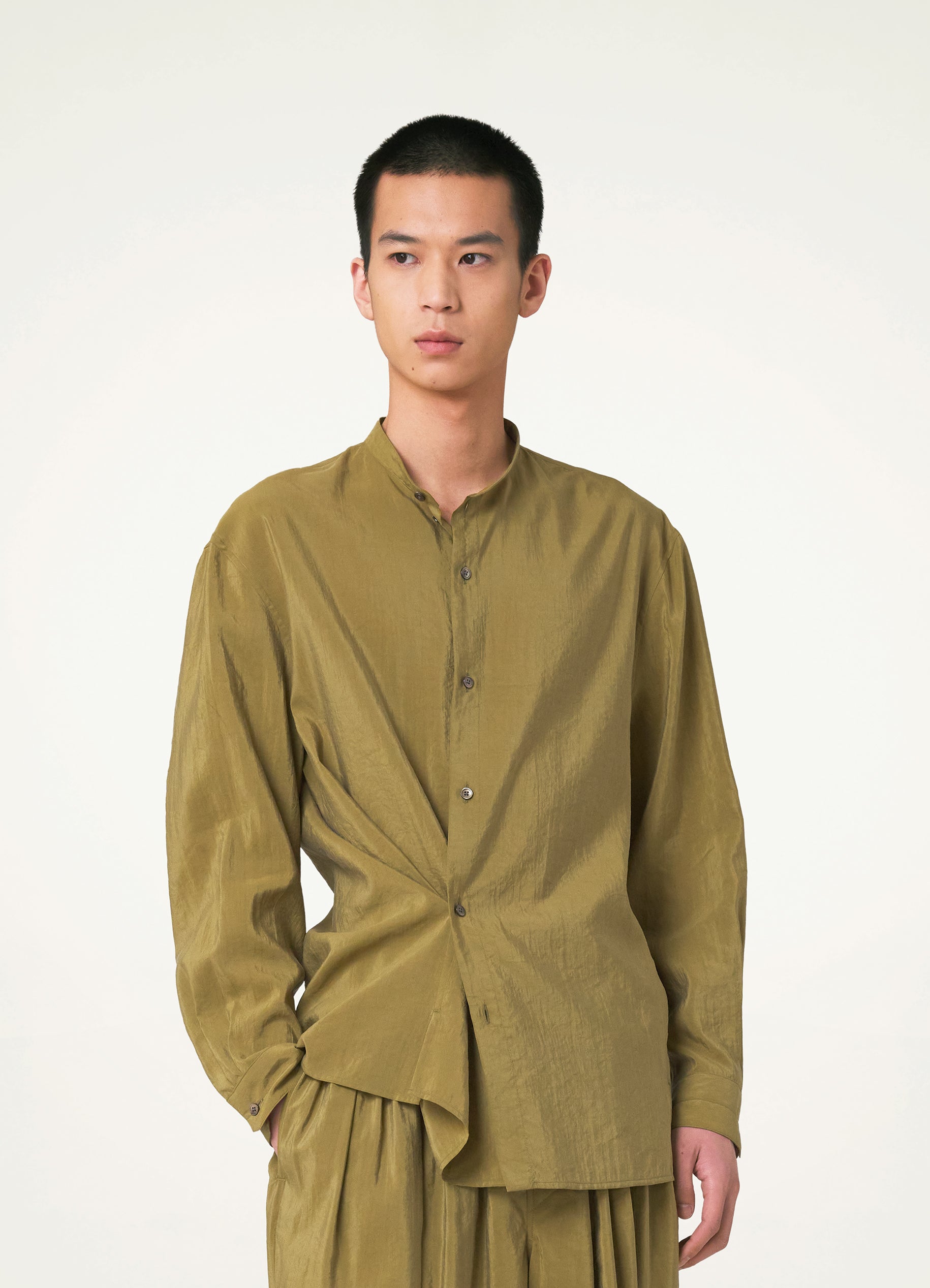 Pistachio Green Stand Collar Twisted Shirt in Dry Silk | LEMAIRE