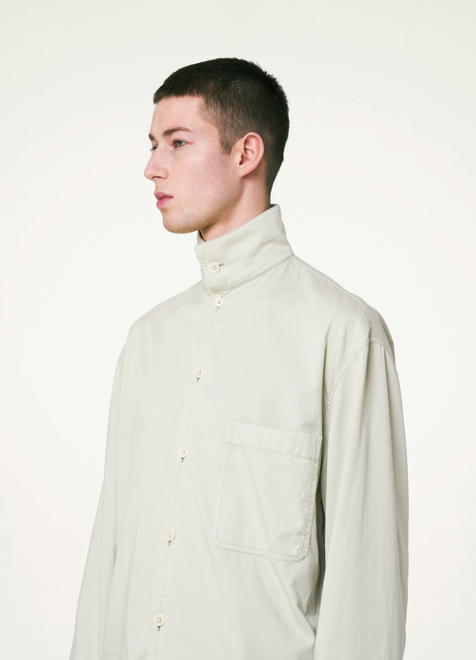 Light Sage Green Stand Collar Shirt in Garment Dyed Light Cotton Satin |  LEMAIRE