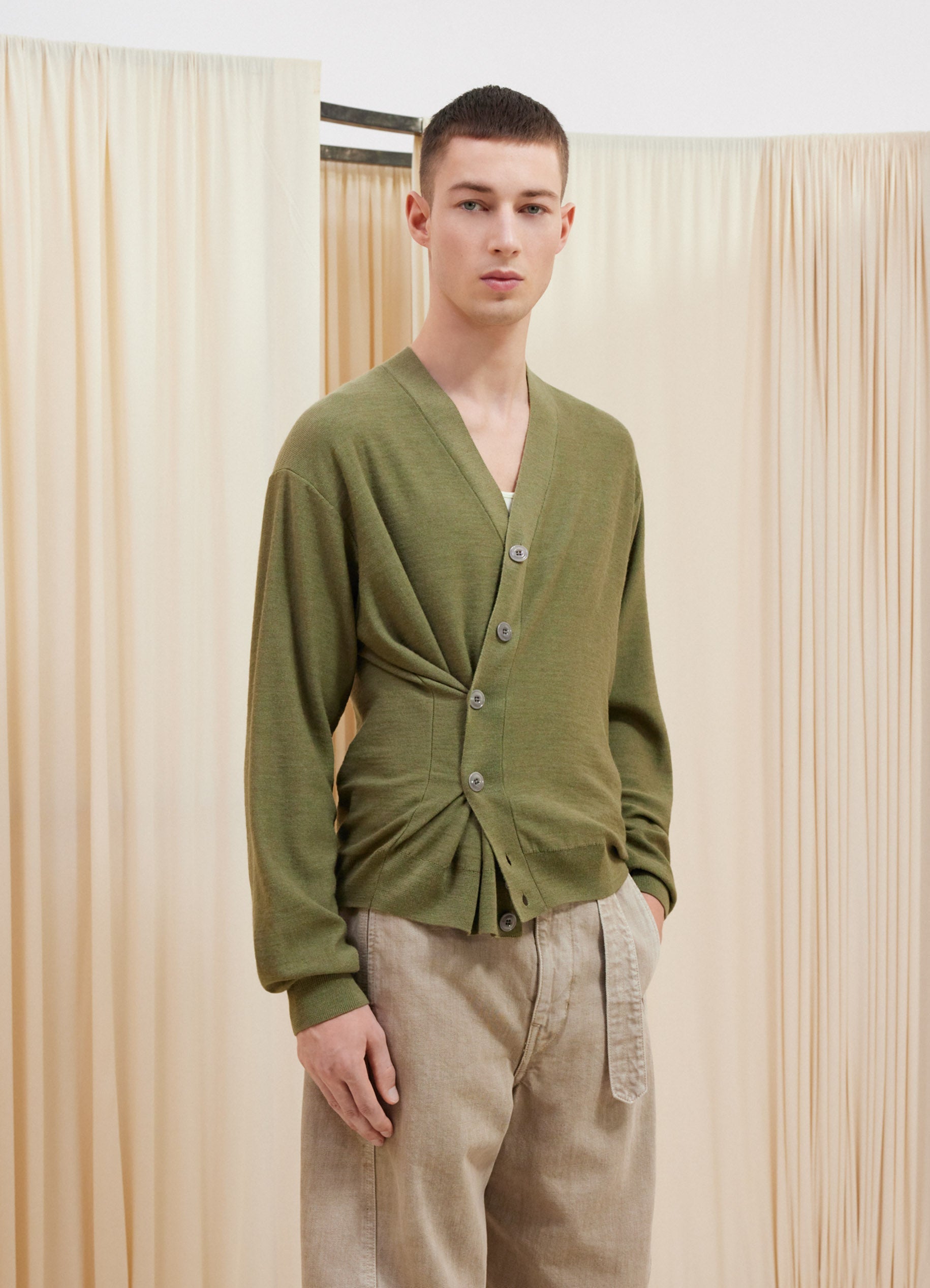 Twisted Cable Cardigan in Light Olive | LEMAIRE