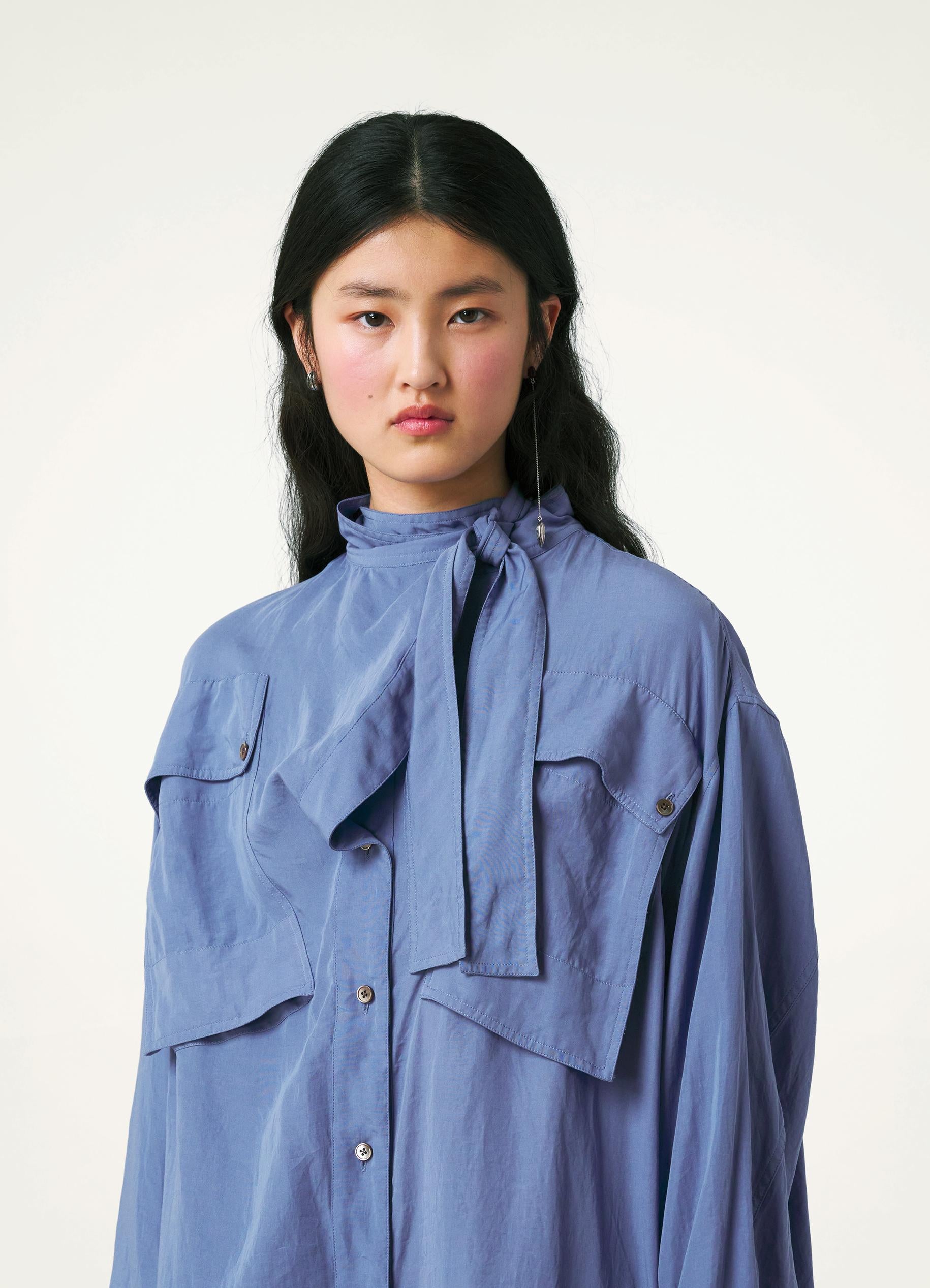 Bice Blue Two Pockets Blouse With Scarf in Lyocell | LEMAIRE